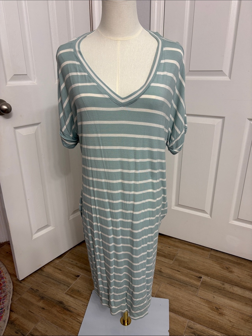 Zenana Outfitters Mint Green and White Striped Midi Dress